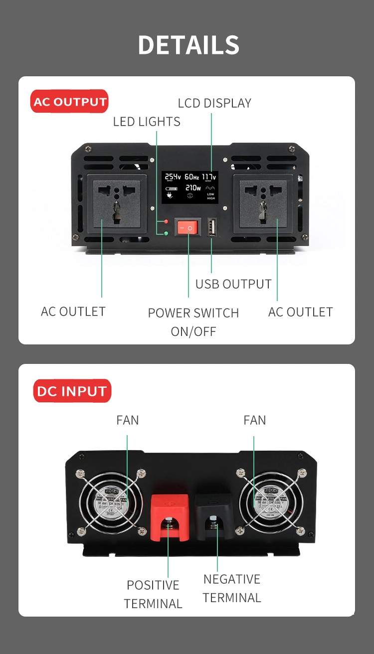 2000W 12V/24V/48V DC to AC 110V/220V/230V Pure Sine Wave Solar Power Inverter